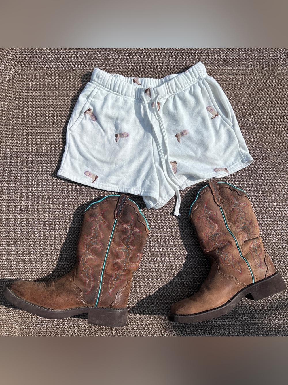 Pink Republic White Embroidered Cowboy Boot Cozy Fleece Shorts